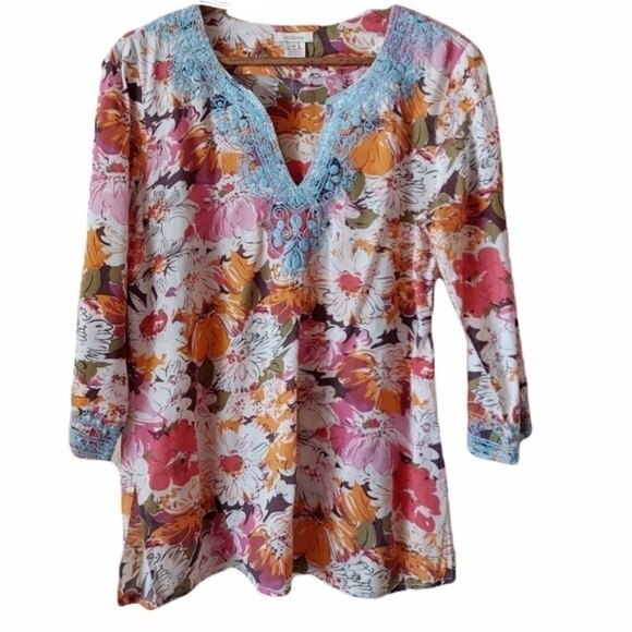 Sundance Split Neck Embroidered Floral Quarter Sleeve Length Cotton Tunic XS - Picture 3 of 9